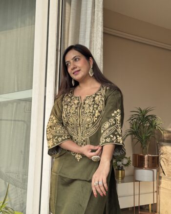 Heritage zari Bloom olive cord set